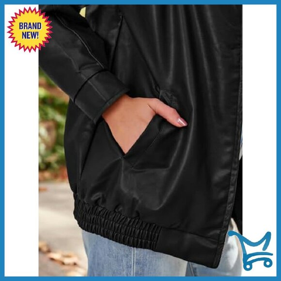 Oversized Faux Leather Motorcycle Jacket - Zipper Closure Fall Coat - Picture 6 of 7